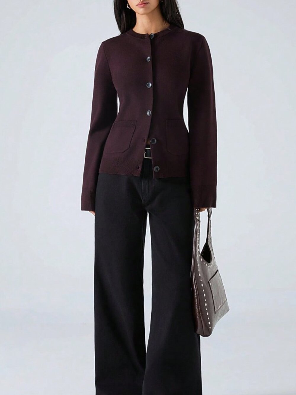 Mocha Brown Casual Women's Slim Patchwork Button-Up Cardigan Sweater - Picture 3 of 7